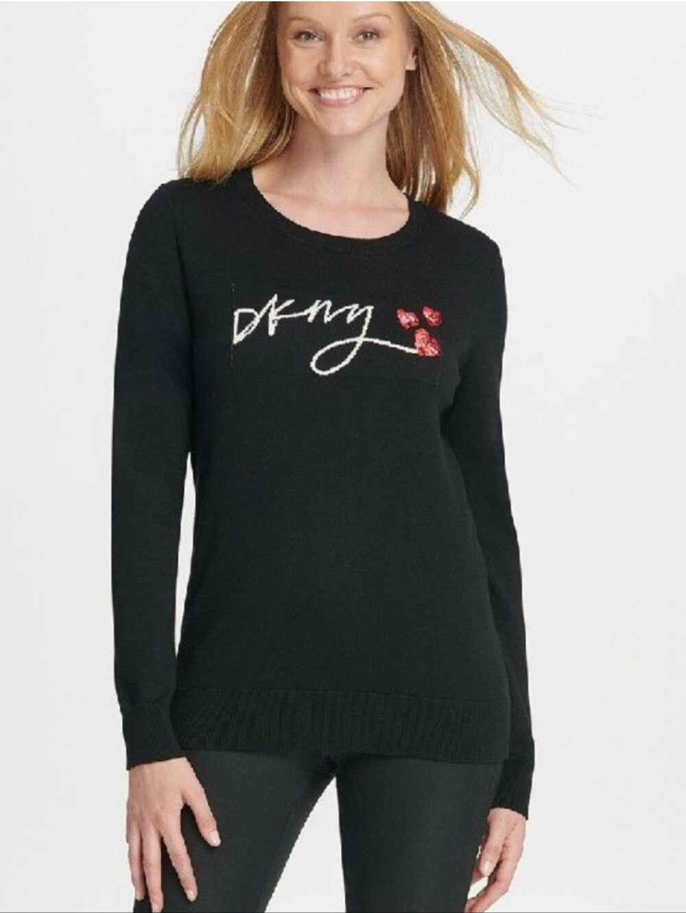 DKNY Black Script Logo Embroidered Floral Crewneck Sweater XS EUC